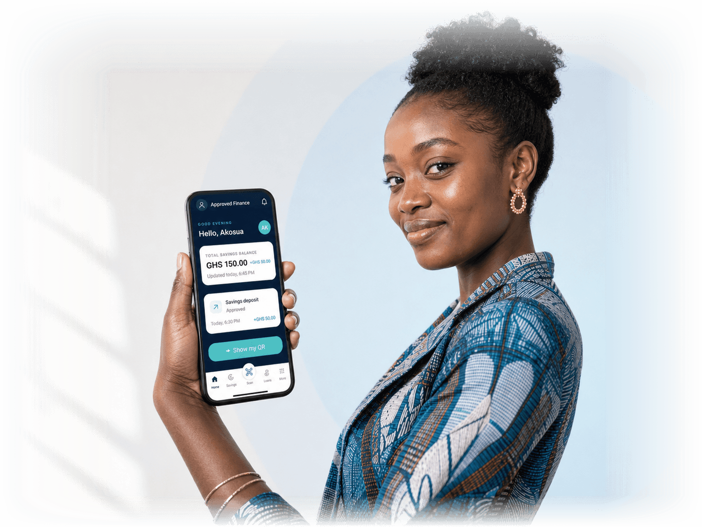 Customer holding a phone showing the Approved Finance customer app